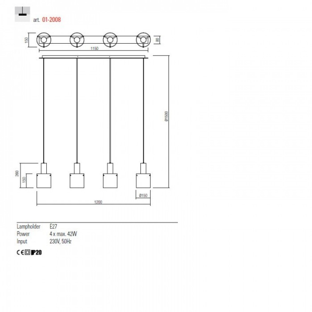 Pendant lamp Redo Lou, metal, brushed black/gradient smoke, 4XE27, L.115 cm