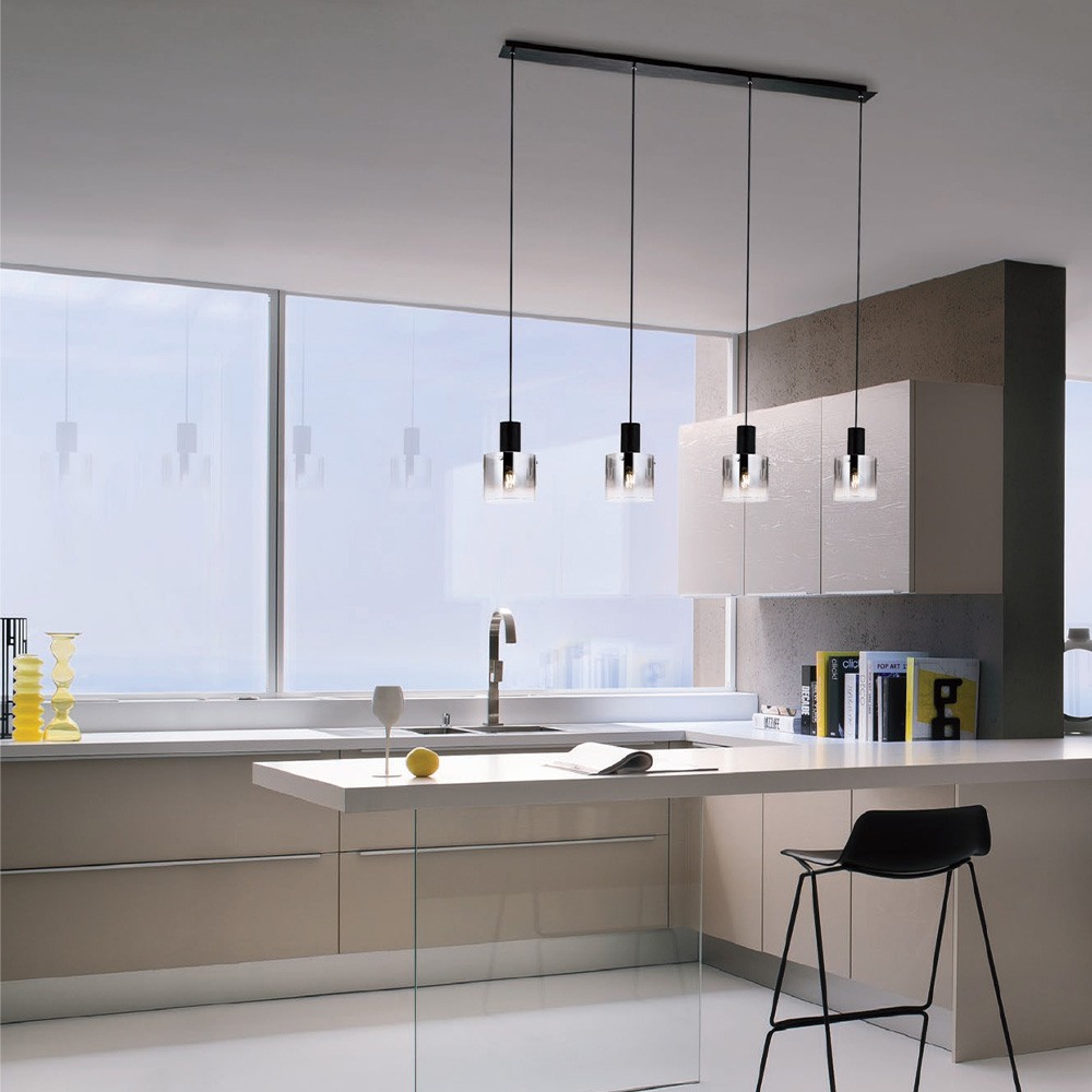 Pendant lamp Redo Lou, metal, brushed black/gradient smoke, 4XE27, L.115 cm