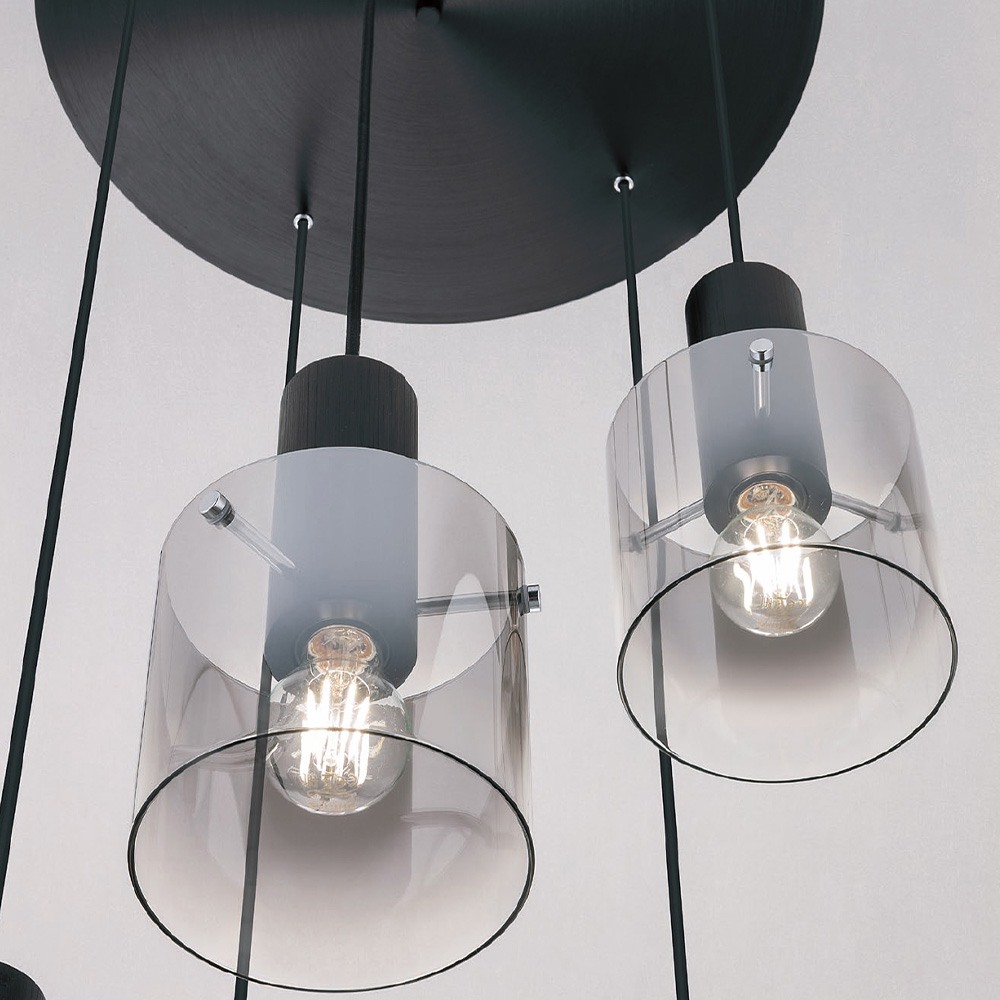 Pendant lamp Redo Lou, metal, brushed black/gradient smoke, 5XE27, D.50 cm