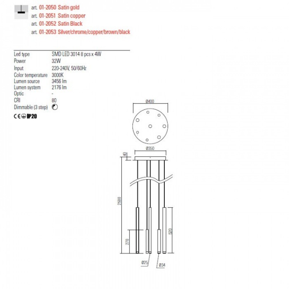 Pendant lamp Redo Madison, metal, multicolor, LED, 32W, 2176 lumens, warm white 3000K, D.40 cm