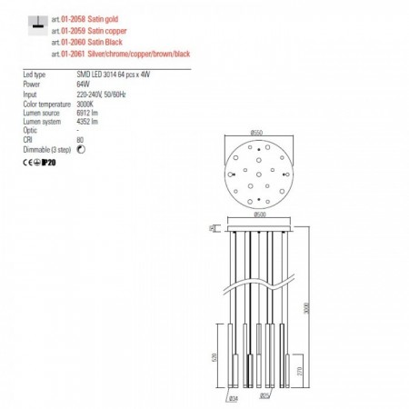 Pendant lamp Redo Madison, metal, matt gold, LED, 64W, 4352 lumens, warm white 3000K, D.55 cm