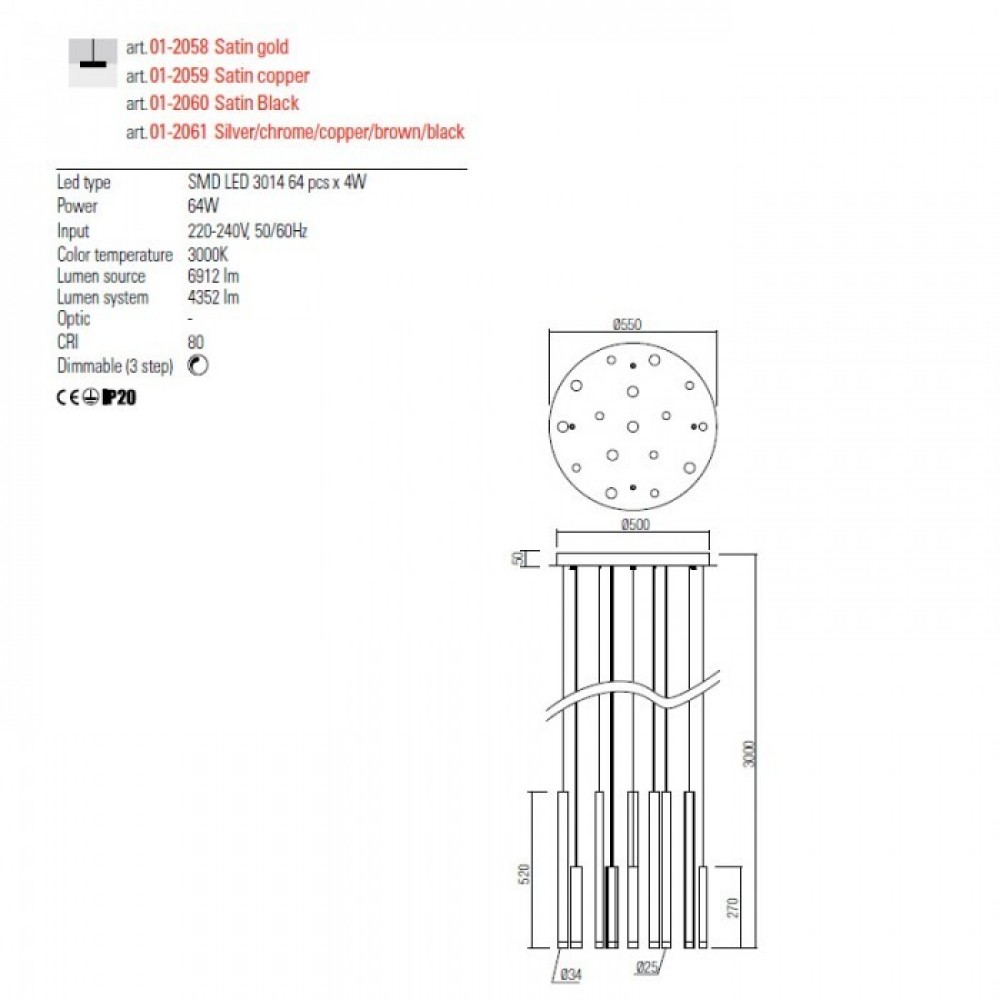 Pendant lamp Redo Madison, metal, black, LED, 64W, 4352 lumens, warm white 3000K, D.55 cm