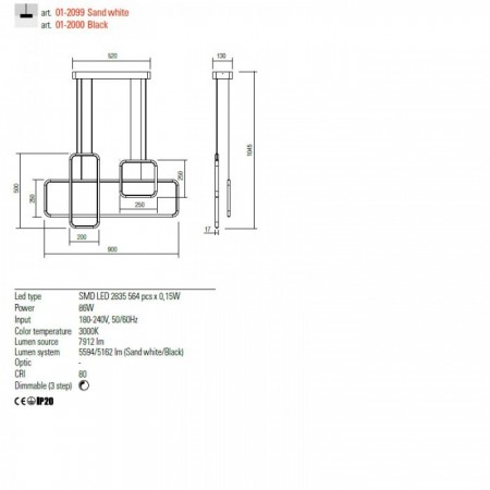 Suspension Redo Thai, metal, sand white, LED, 86W, 5594 lumens, warm white 3000K, L.90 cm