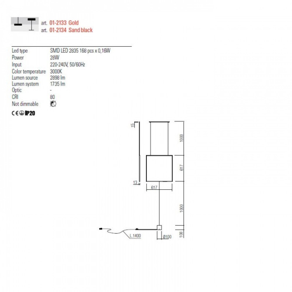 Pendant lamp Redo Slick, metal, matt gold, LED, 28W, 1735 lumens, warm white 3000K, H.262 cm