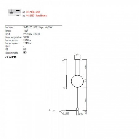Pendant lamp Redo Slick, metal, matt gold, LED, 19W, 1242 lumens, warm white 3000K, H.261 cm