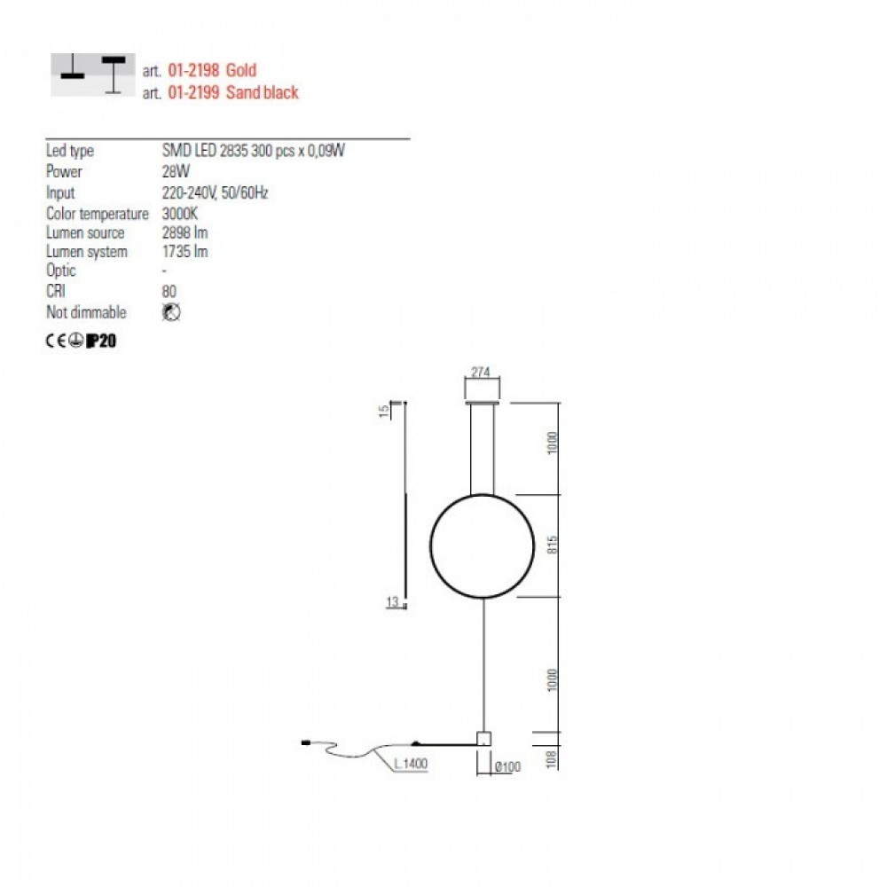 Pendant lamp Redo Slick, metal, matt gold, LED, 28W, 1735 lumens, warm white 3000K, H.281 cm