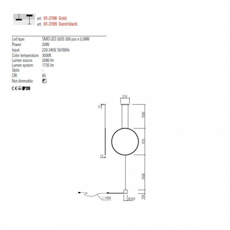 Pendant lamp Redo Slick, metal, matt gold, LED, 28W, 1735 lumens, warm white 3000K, H.281 cm