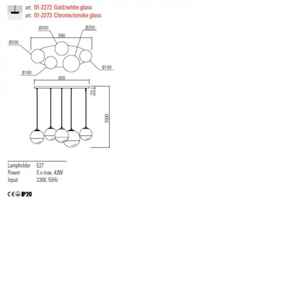 Ceiling light Redo Berry, metal, glass, chrome, 5XE27, L.80 cm