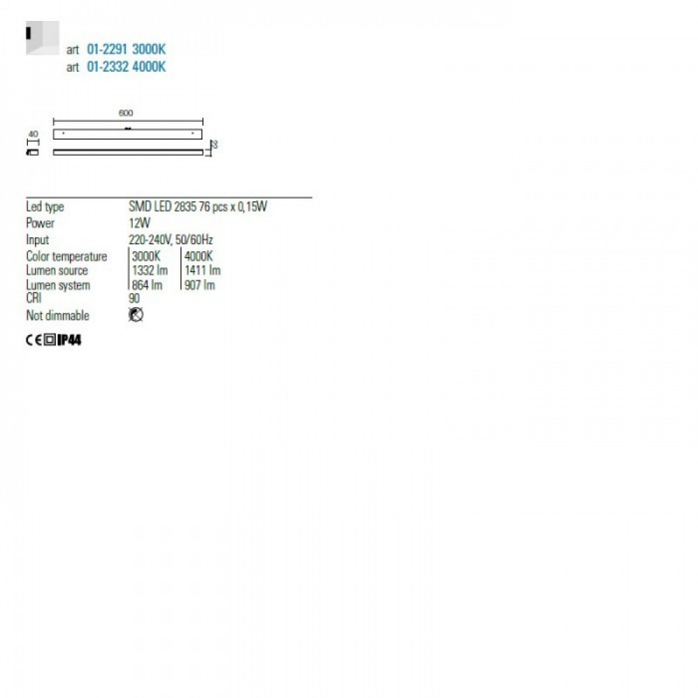 Wall lamp Redo Ermes, metal, chrome, LED, 12W, 864 lumens, warm white 3000K, L.60 cm, IP44