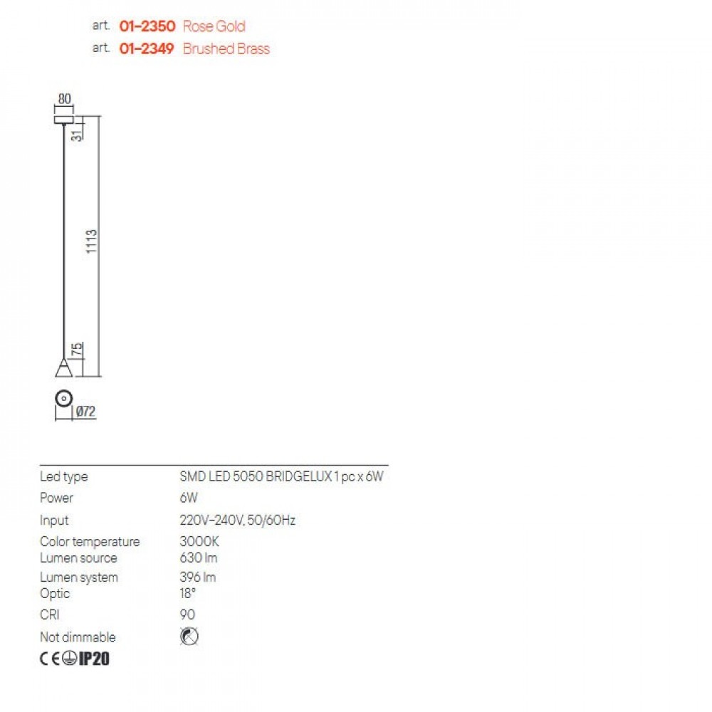 Suspension Redo Eiko, metal, brass, LED, 6W, 396 lumens, warm white 3000K, D.7 cm