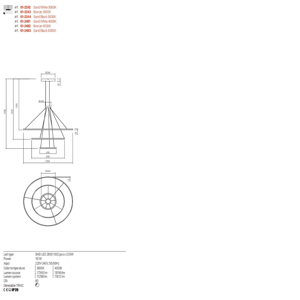 Pendant lamp Redo Orbit, metal, sand black, LED, 151W, 11812 lumens, neutral white 4000K, D.120 cm