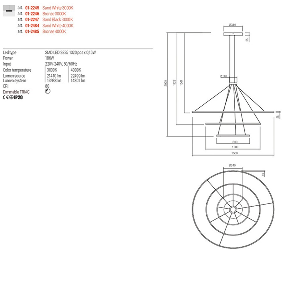 Pendant lamp Redo Orbit, metal, bronze, LED, 186W, 14801 lumens, neutral white 4000K