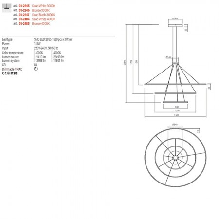 Pendant lamp Redo Orbit, metal, bronze, LED, 186W, 14801 lumens, neutral white 4000K