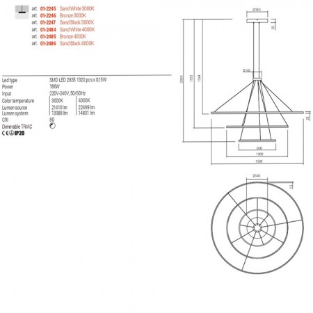 Pendant lamp Redo Orbit, metal, sand black, LED, 186W, 14801 lumens, neutral white 4000K