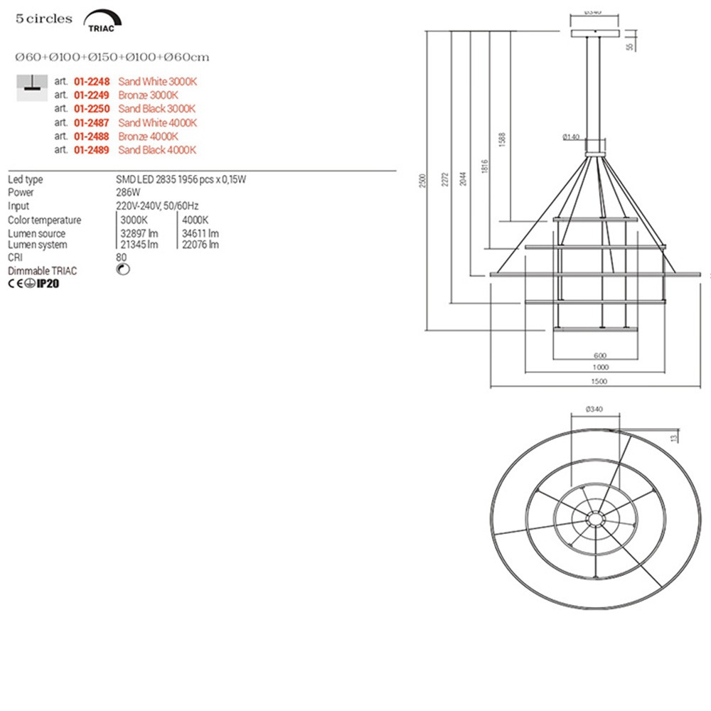 Pendant lamp Redo Orbit, metal, sand black, LED, 286W, 22076 lumens, neutral white 4000K