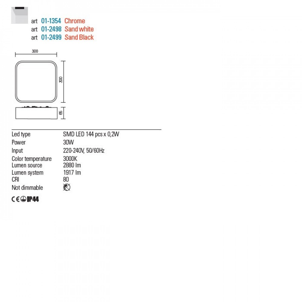 Ceiling lamp Redo Screen IP, metal, sand black, LED, 30W, 1916 lumens, warm white 3000K, 30X30 cm, IP44
