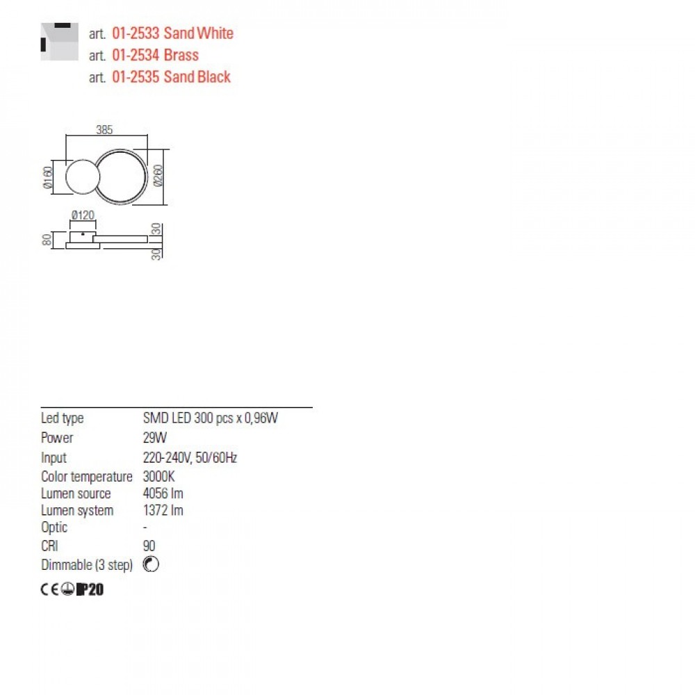 Wall lamp Redo Cronos, metal, sand white, dimmable, LED, 29W, 1372 lumens, warm white 3000K, H.39 cm