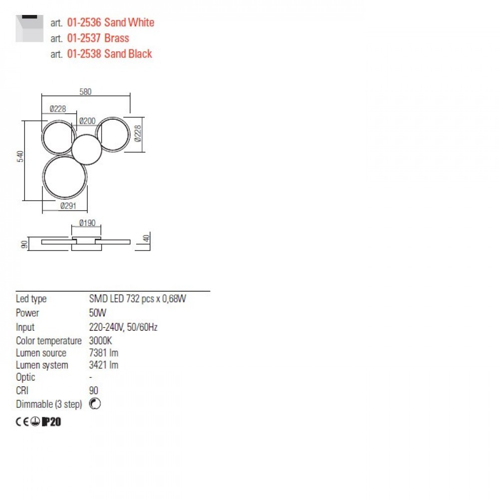 Ceiling lamp Redo Cronos, metal, sand white, dimmable, LED, 50W, 3421 lumens, warm white 3000K, L.58 cm