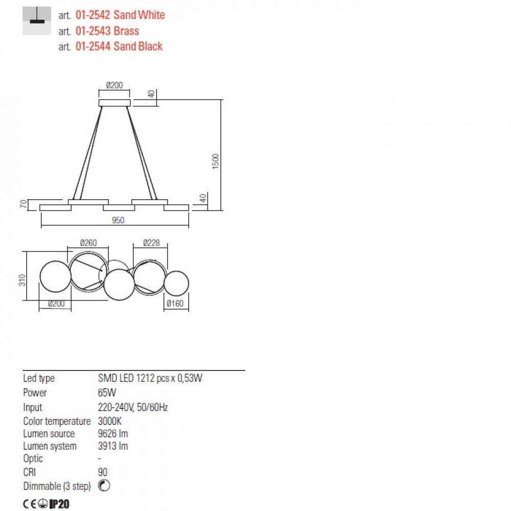 Suspension Redo Cronos, metal, bronze, dimmable, LED, 65W, 3913 lumens, warm white 3000K, L.95 cm