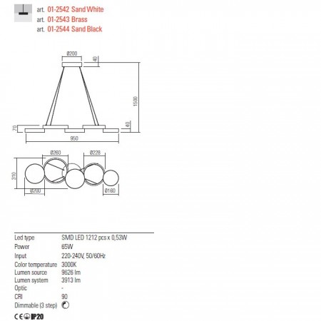 Suspension Redo Cronos, metal, sand white, dimmable, LED, 65W, 3913 lumens, warm white 3000K, L.95 cm