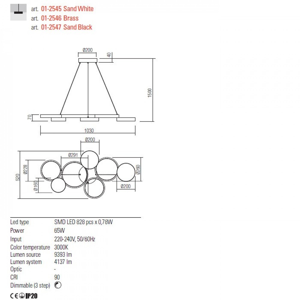 Suspension Redo Cronos, metal, sand white, dimmable, LED, 65W, 4137 lumens, warm white 3000K, L.103 cm