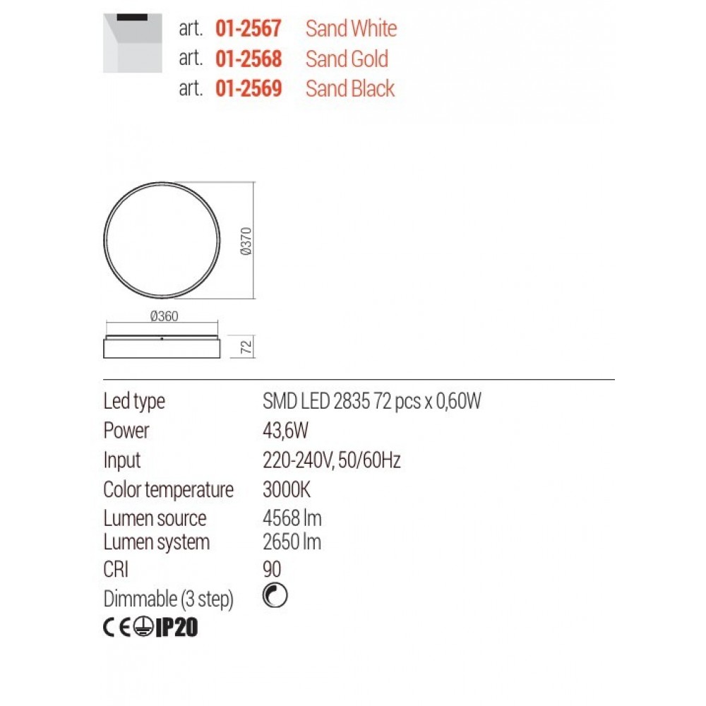 Ceiling lamp Redo Yomo, metal, sand gold, dimmable, LED, 43,6W, 2650 lumens, warm white 3000K, D.37 cm