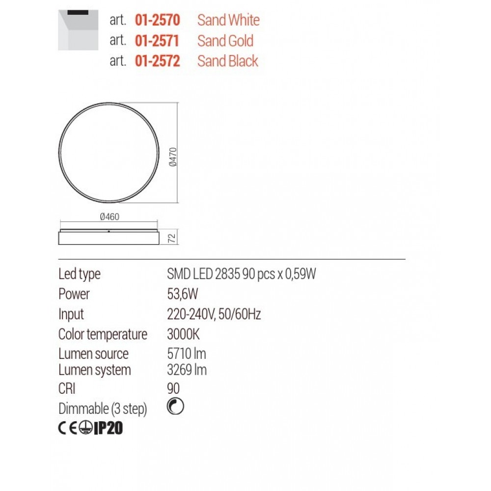 Ceiling lamp Redo Yomo, metal, sand white, dimmable, LED, 53,6W, 3269 lumens, warm white 3000K, D.47 cm