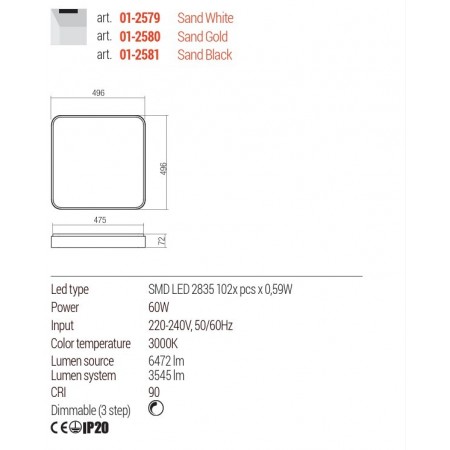 Ceiling lamp Redo Yomo, metal, sand white, dimmable, LED, 60W, 3545 lumens, warm white 3000K, L.50 cm
