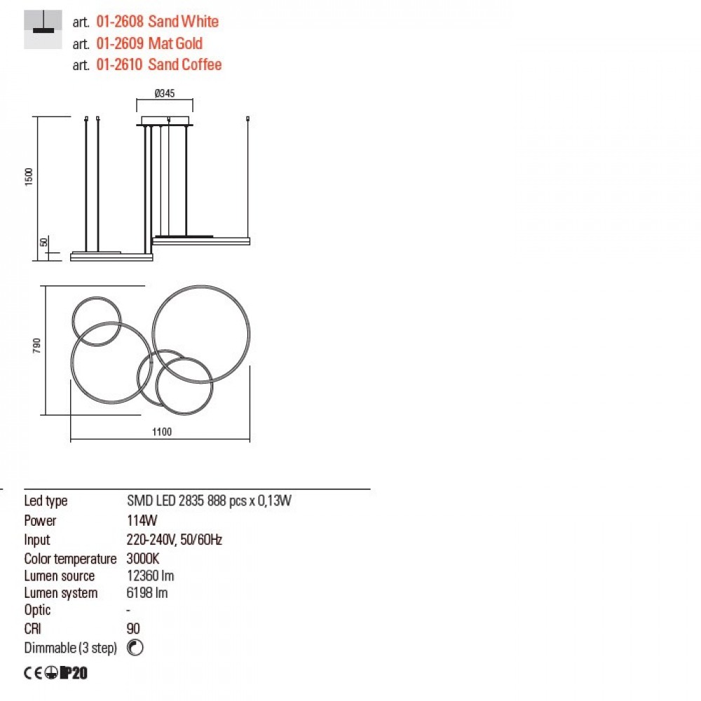 Suspension Redo Sigua, metal, matte gold, LED, 114W, 12360 lumens, warm white 3000K, L.110 cm
