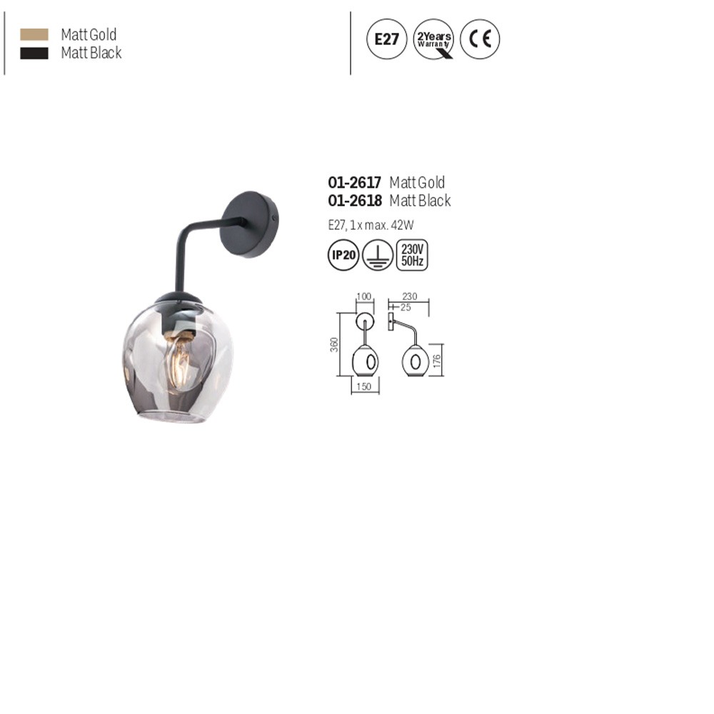 Wall lamp Smarter Pierce, metal, glass, matt black, 1XE27, H.36 cm