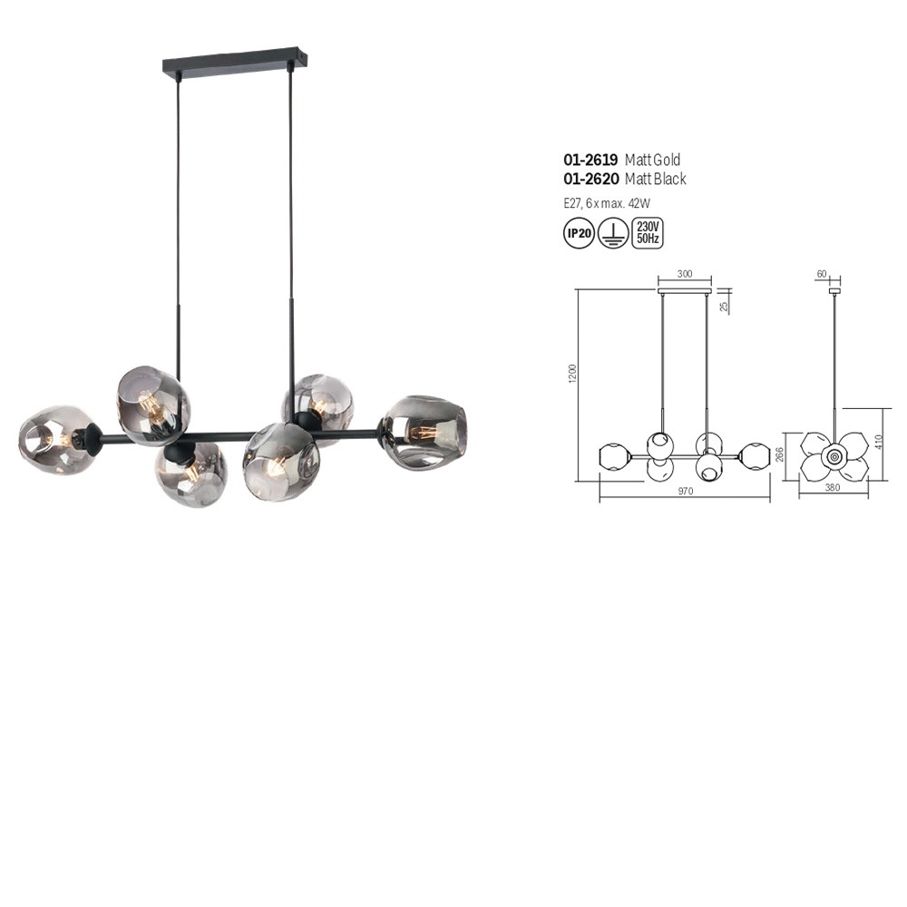 Suspension Smarter Pierce, metal, glass, matt black, 6XE27, L.97 cm