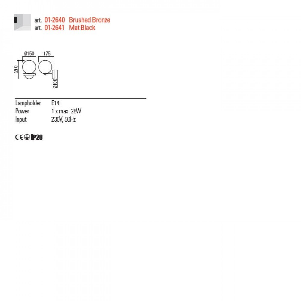 Wall lamp Redo Talis, metal, glass, matt black, 1XE14, H.21 cm