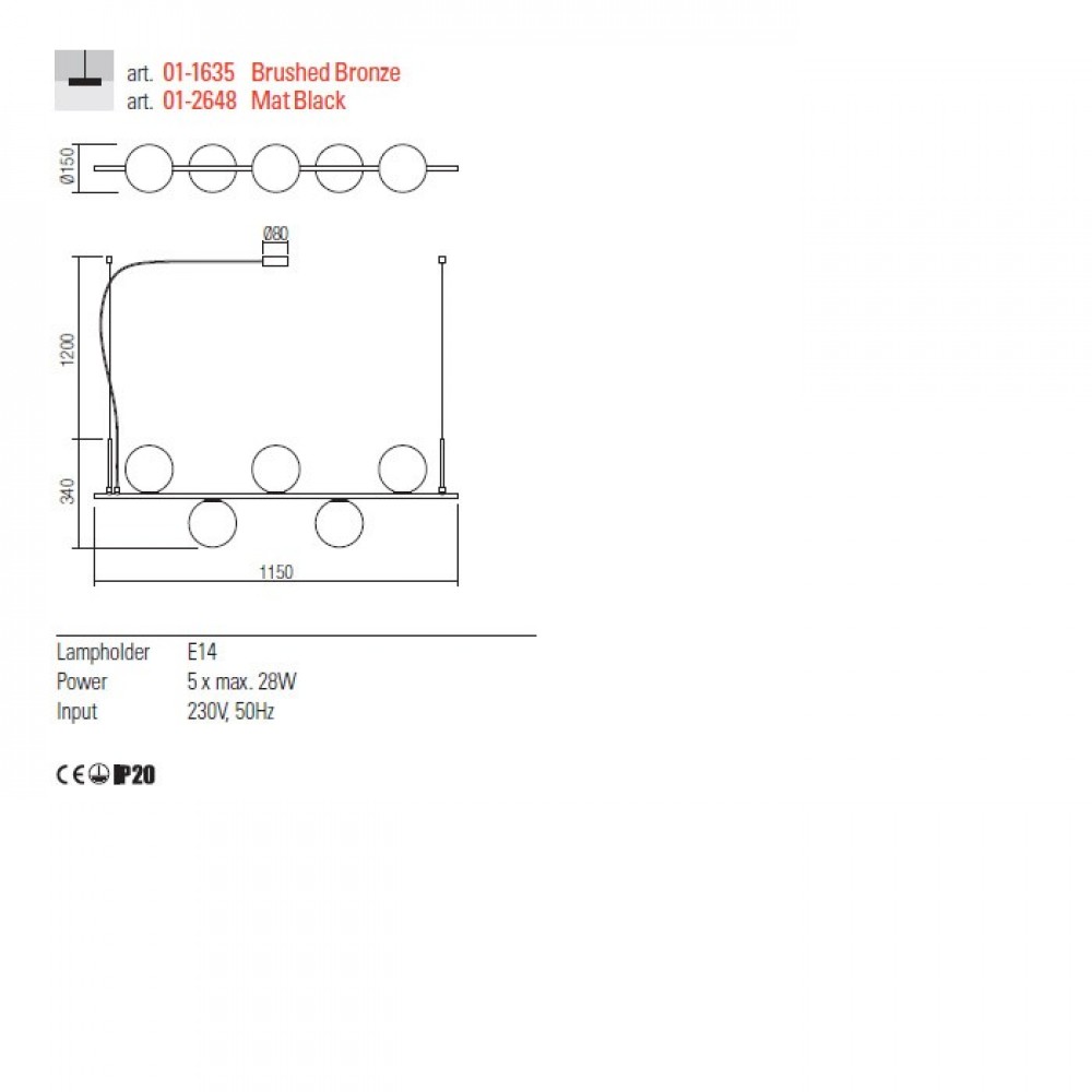 Pendant lamp Redo Talis, metal, glass, bronze, 5XE14, L.115 cm
