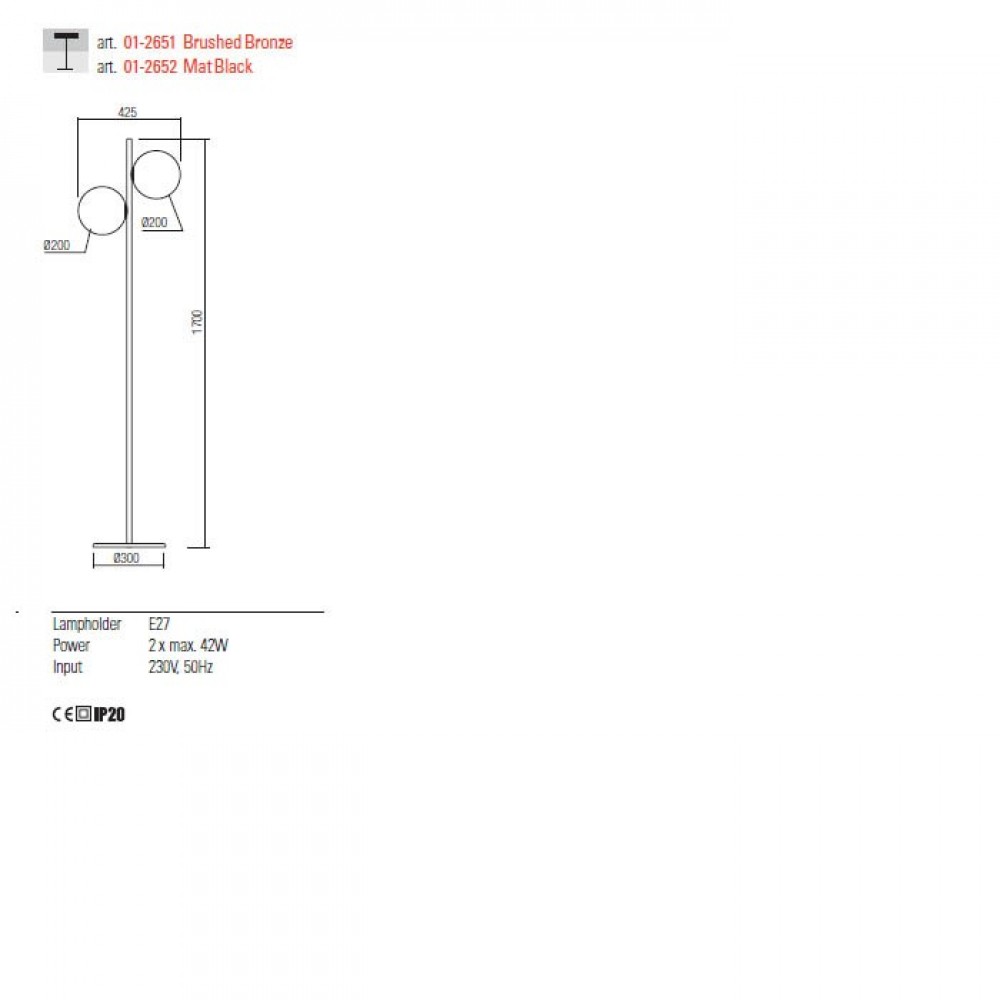 Floor lamp Redo Talis, metal, glass, matt black, 2XE27, H.170 cm