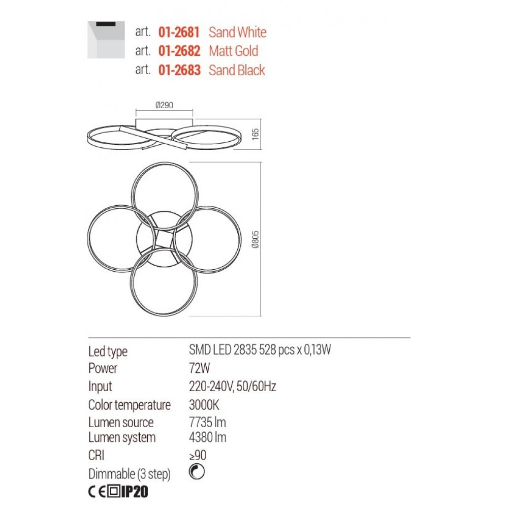 Ceiling lamp Redo Espiral, metal, sand black, dimmable, LED, 72W, 4380 lumens, warm white 3000K. D.80 cm