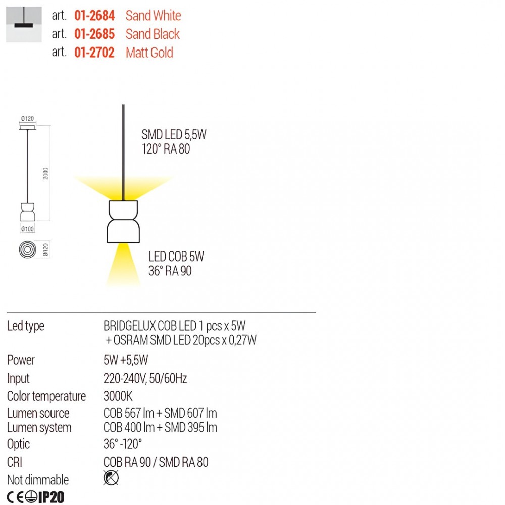 Suspension Redo Yona, metal, sand white, LED, 5W+5,5W, 400 lumens, warm white 3000K, D.12 cm