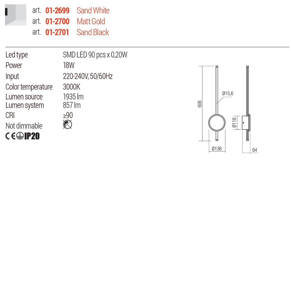 Wall lamp Redo Diaz, metal, sand white, LED, 18W, 857 lumens, warm white 3000K, H.60 cm