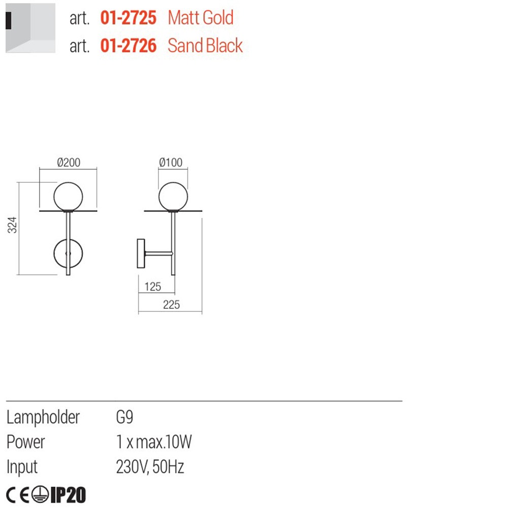 Wall lamp Redo Plato, metal, glass, sand black, 1XG9, H.32 cm