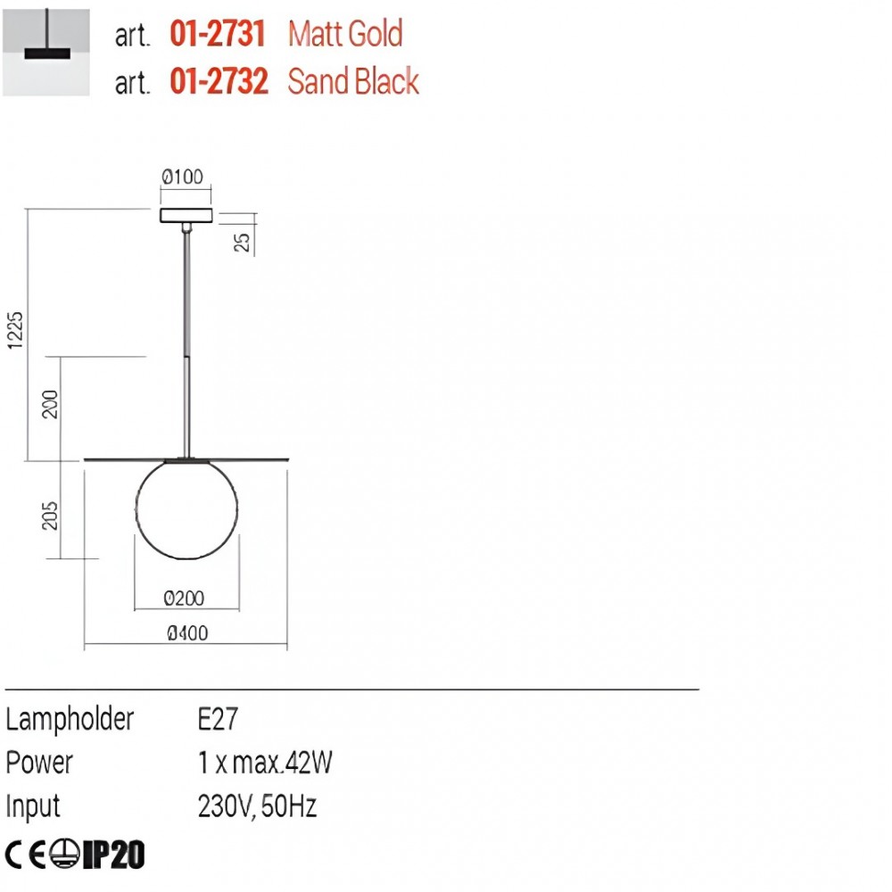 Suspension Redo Plato, metal, glass, gold, 1XE27, D.40 cm