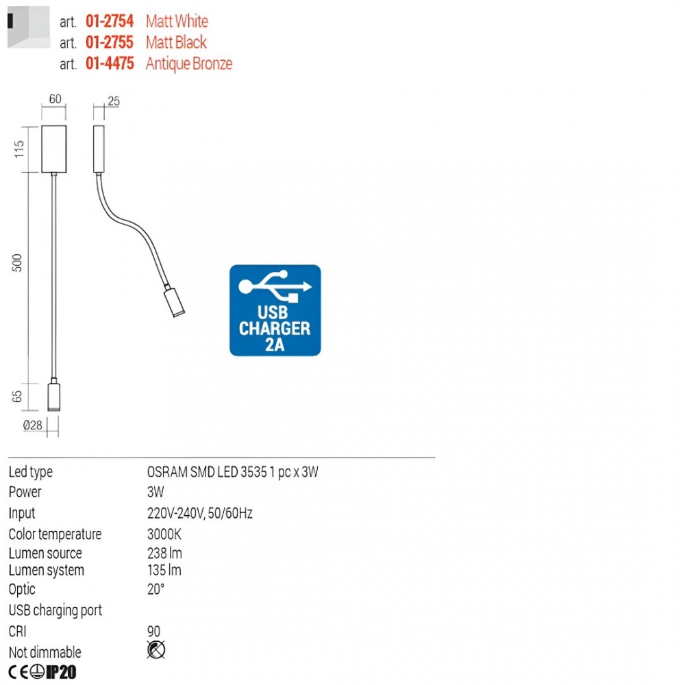 Wall lamp Redo Wallie, metal, antique bronze, LED, 3W, 135 lumens, warm white 3000K, L.50 cm