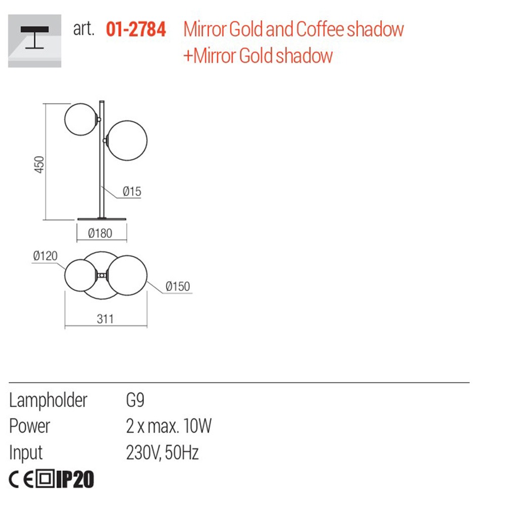 Table lamp Redo Roy, metal, glass, gradient gold/gradient coffee, 2XG9, H.45 cm