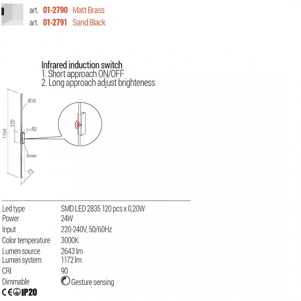 Wall lamp Redo Stick, metal, sand black, dimmable, LED, 24W, 1172 lumens, warm white 3000K, H.115 cm