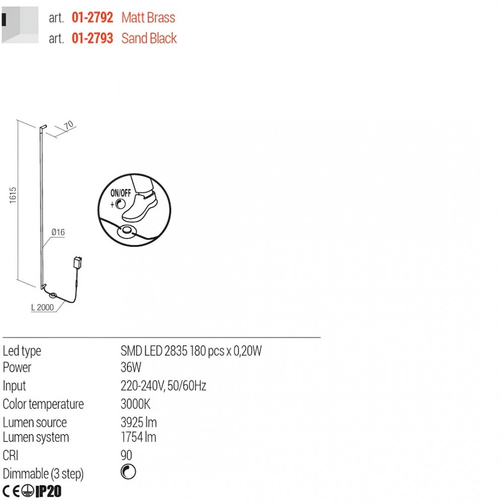 Wall lamp Redo Stick, metal, sand black, dimmable, LED, 36W, 1754 lumens, warm white 3000K, H.161 cm