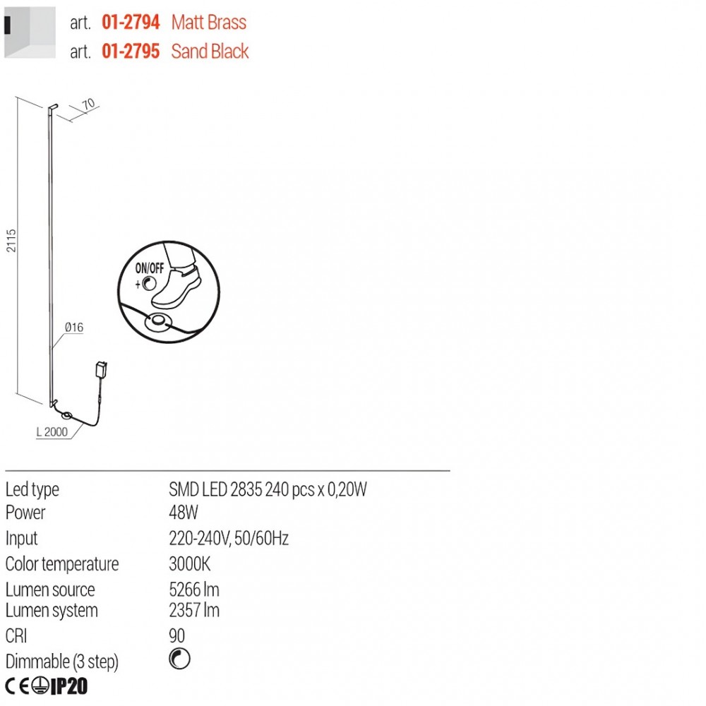 Wall lamp Redo Stick, metal, sand black, dimmable, LED, 48W, 2357 lumens, warm white 3000K, H.211 cm