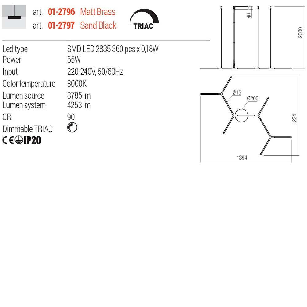 Suspension Redo Stick, metal, sand black, dimmable, LED, 65W, 4253 lumens, warm white 3000K, L.139 cm