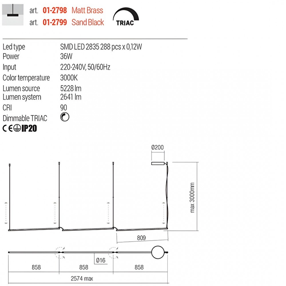 Suspension Redo Stick, metal, matt brass, dimmable, LED, 36W, 2641 lumens, warm white 3000K, L.257 cm