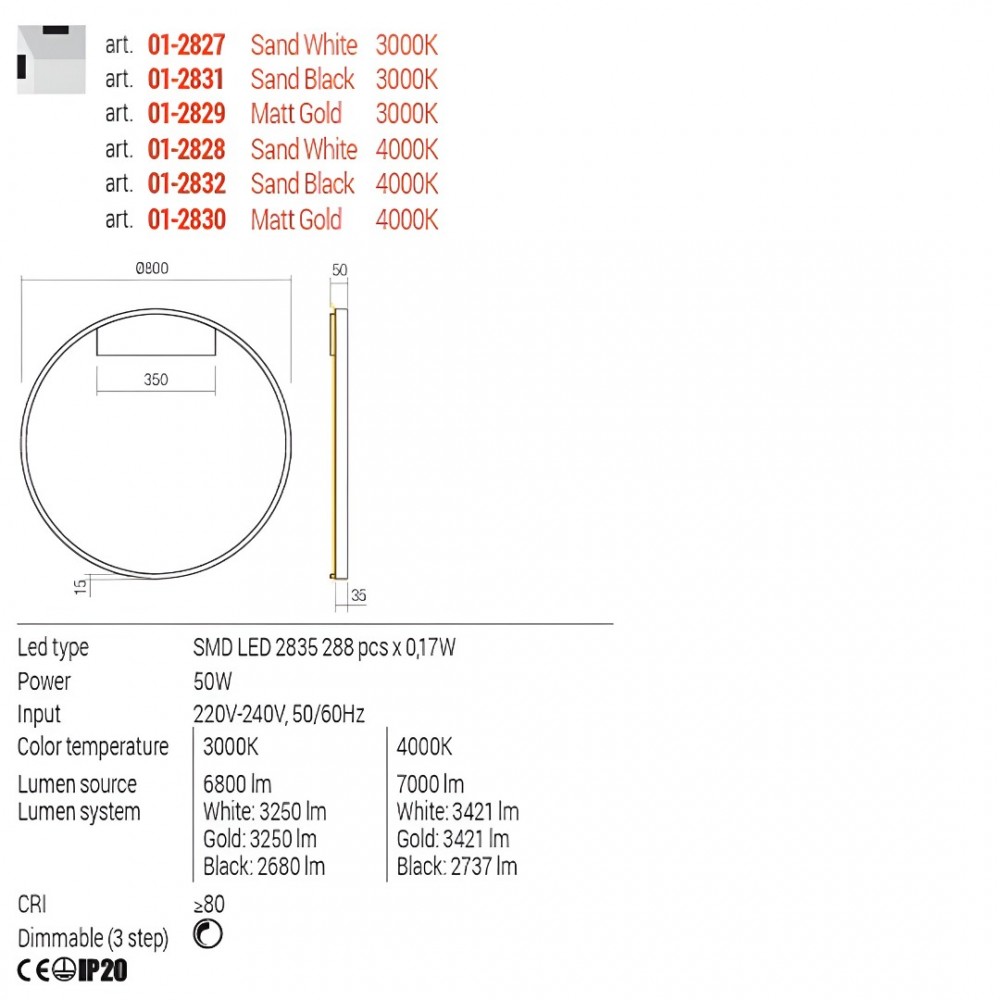 Ceiling lamp Redo Febe, metal, sand white, dimmable, LED, 50W, 3250 lumens, warm white 3000K, D.80 cm
