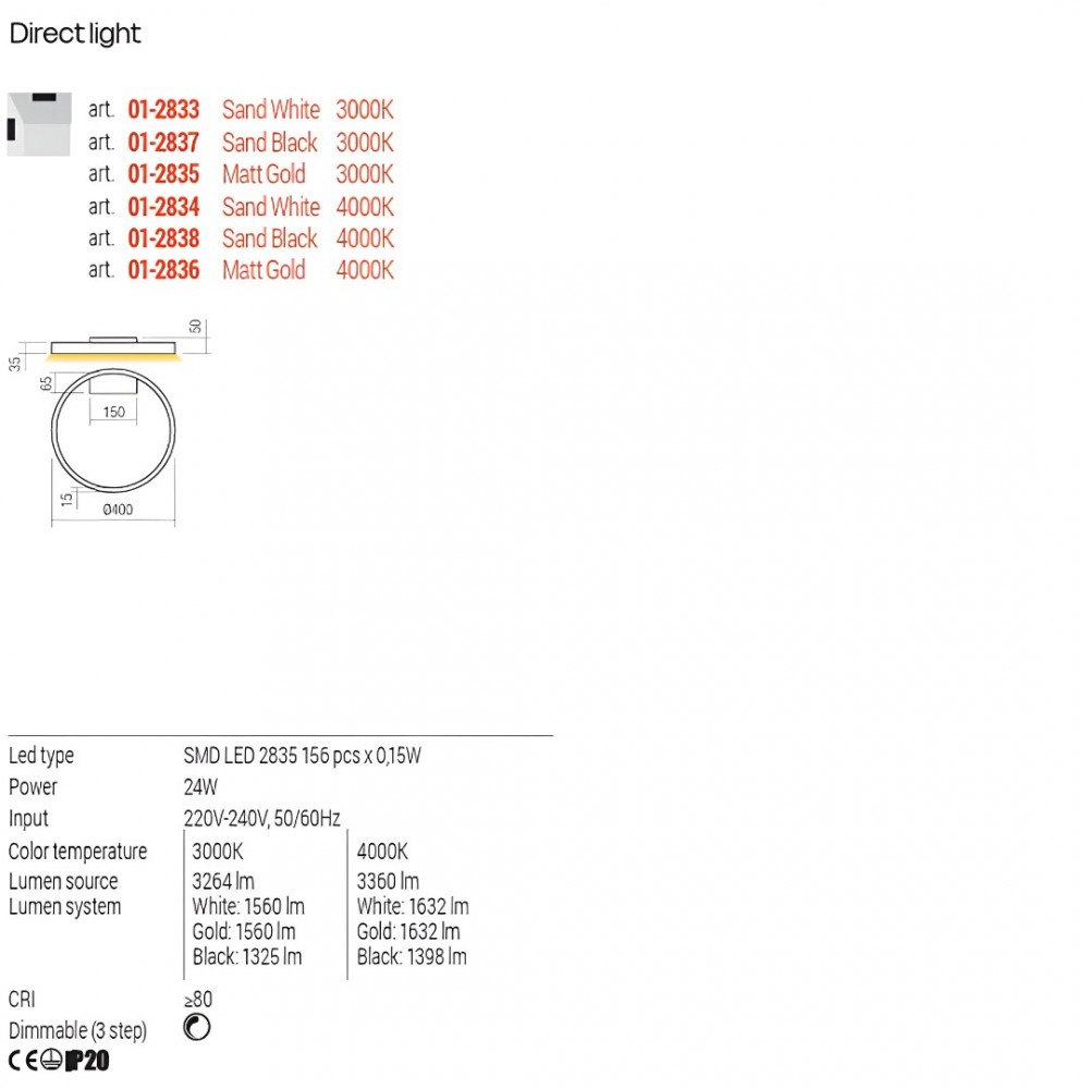 Ceiling lamp Redo Febe, metal, sand white, dimmable, LED, 24W, 1632 lumens, neutral white 4000K, D.40 cm