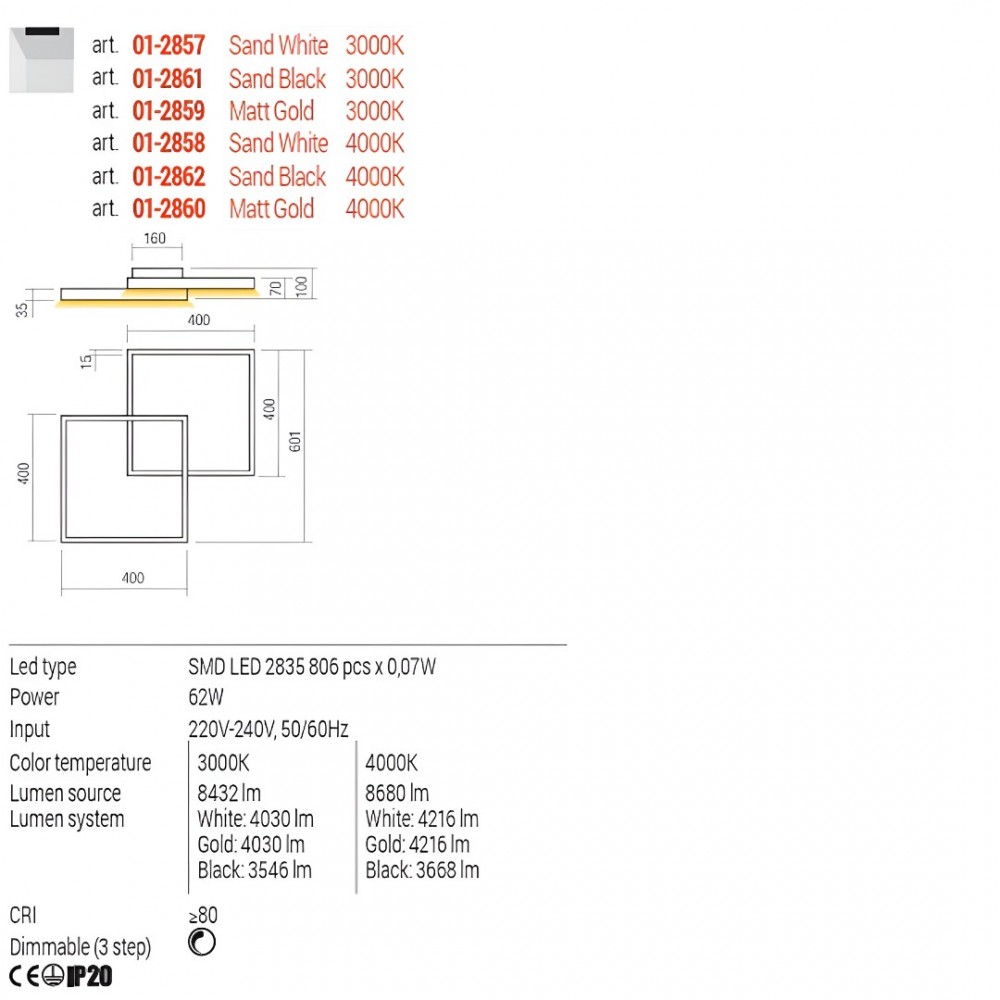 Ceiling lamp Redo Febe, metal, sand white, dimmable, LED, 62W, 4030 lumens, warm white 3000K, L.60 cm