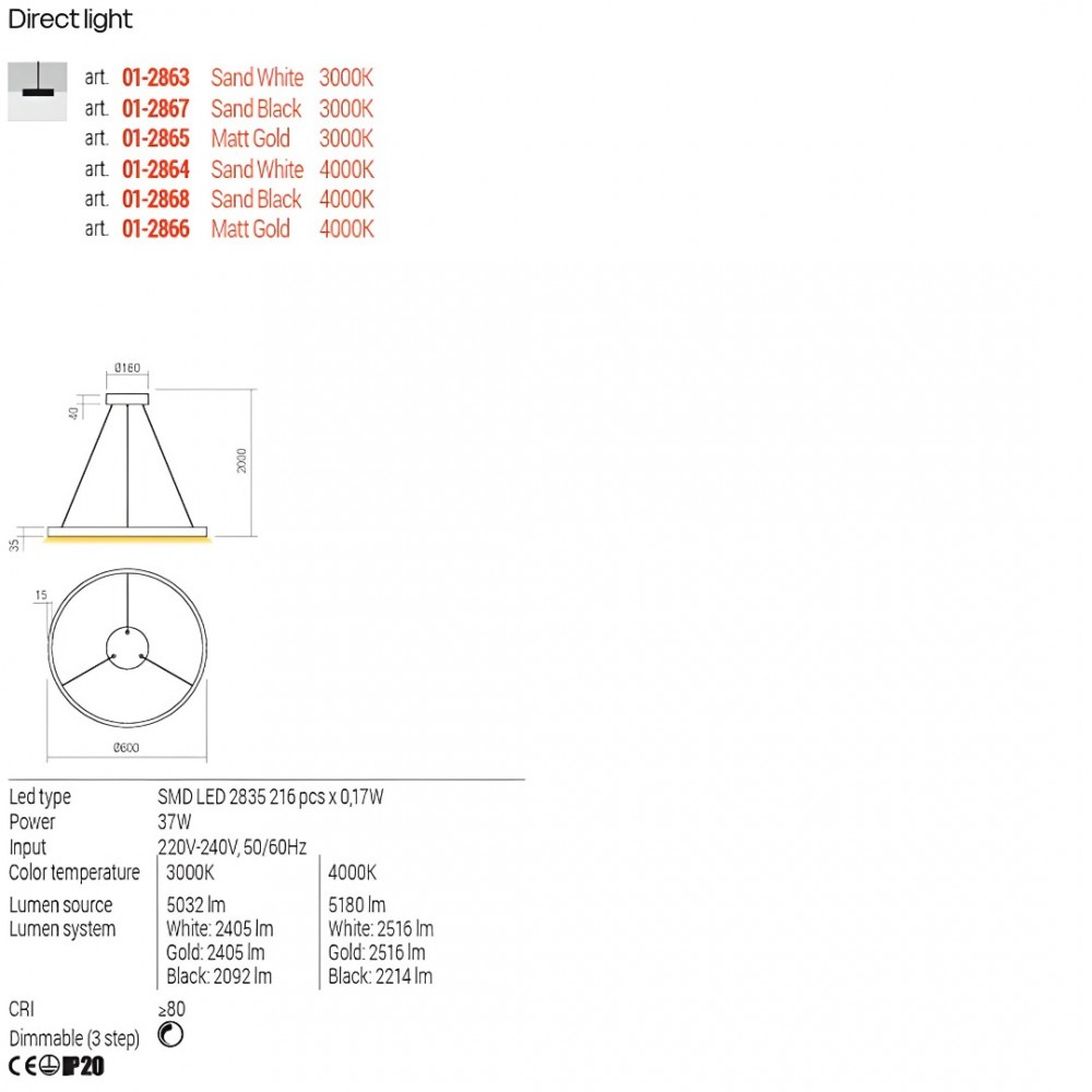Suspension Redo Febe, metal, matt gold, dimmable, LED, 37W, 2405 lumens, warm white 3000K, D.60 cm